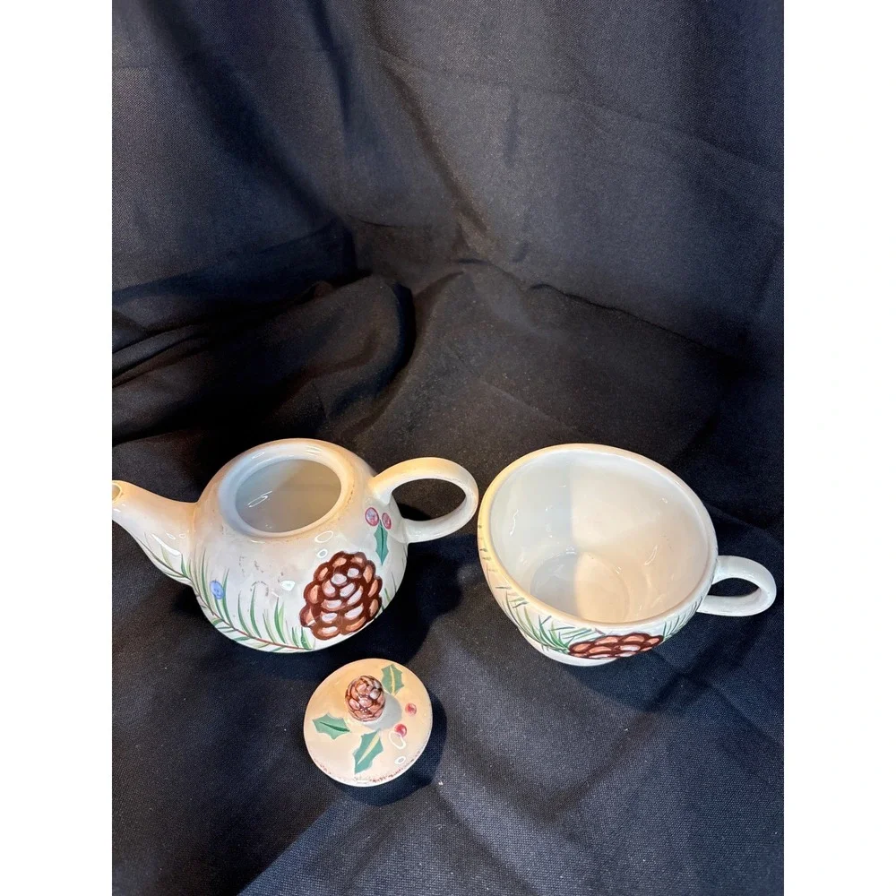 Vintage Pinecone Holly Teapot and Cup Set Hand Painted Ceramic Christmas Holiday